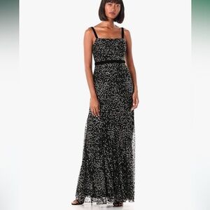Adrianna Papell Black Gold Glitter Overlay Burnout Velvet Details Gown NWT 2